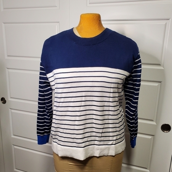 LANDS' END BLUE WHITE MIXED STRIPE COTTON SWEATER WOMEN SIZE XL 18 - Picture 1 of 13